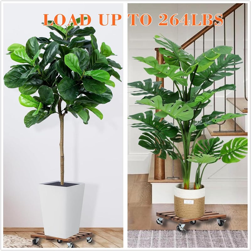 PRAQECZ 2 Pack Plant Caddy with Wheels, 14" + 12" Rolling Plant Stand 264 LBS Heavy Duty Wooden Square Plant Dolly with Metal 360° Lockable Caster Wheels for Outdoor Indoor Large Plant Pots, Flower Pot, Patio - Image 2